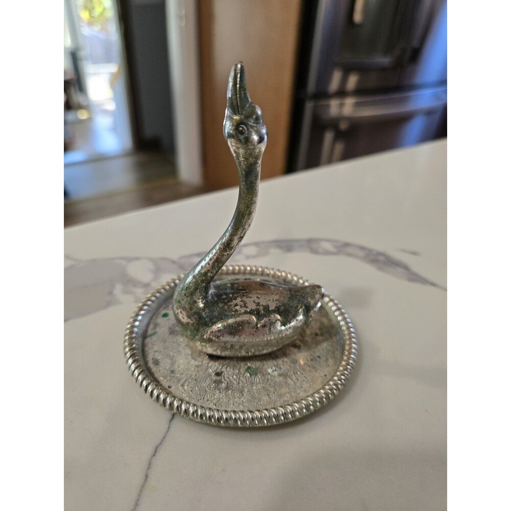 Vintage MCM Silver Plated Swan Jewelry Holder Ring Stand w Tray Hong Kong 4"